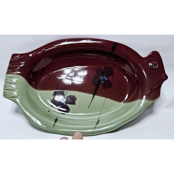 Kent Follette Pottery Chicken Serving Dish Tray Signed Cranberry/Green EUC - Picture 1 of 9